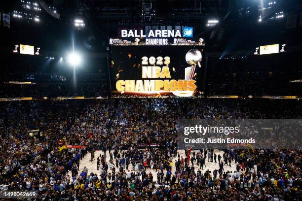 General view as the Denver Nuggets celebrate after a 94-89 victory against the Miami Heat in Game Five of the 2023 NBA Finals to win the NBA...