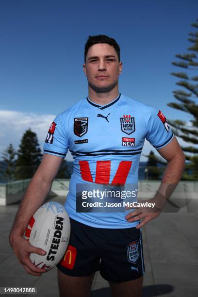Mitchell Moses of the Blues poses during a New South Wales Blues State of Origin media opportunity at Crowne Plaza Coogee on June 13, 2023 in Sydney,...