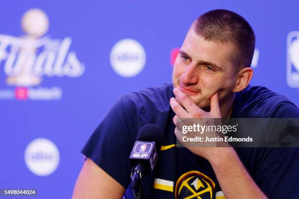 Nikola Jokic of the Denver Nuggets speaks with media after a 94-89 victory against the Miami Heat in Game Five of the 2023 NBA Finals to win the NBA...