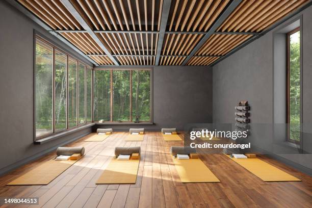 empty yoga studio interior with exercise mats, pillows, yoga blocks and garden view from the window - meditation space stock pictures, royalty-free photos & images