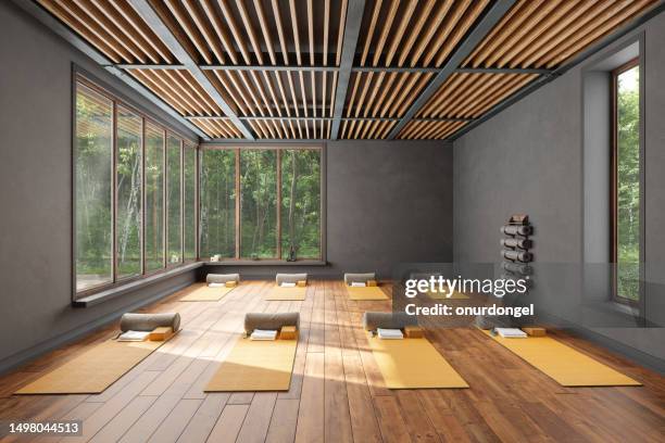 empty yoga studio interior with exercise mats, pillows, yoga blocks and garden view from the window - yoga studio stock pictures, royalty-free photos & images