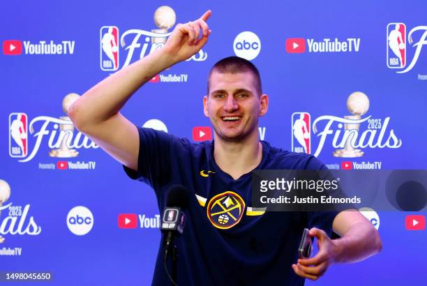 Nikola Jokic of the Denver Nuggets speaks with media after a 94-89 victory against the Miami Heat in Game Five of the 2023 NBA Finals to win the NBA...