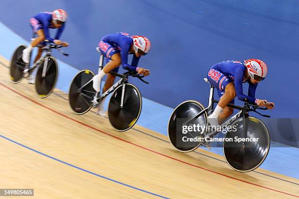 Lauren Tamayo, Dotsie Bausch, and Sarah Hammer of the United States win the Silver Medal in the Women's Team Pursuit Track Cycling on Day 8 of the...