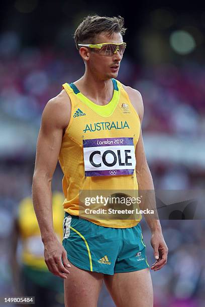 Brendan Cole of Australia looks on prior to the Men's 400m Hurdles Semi Final on Day 8 of the London 2012 Olympic Games at Olympic Stadium on August...