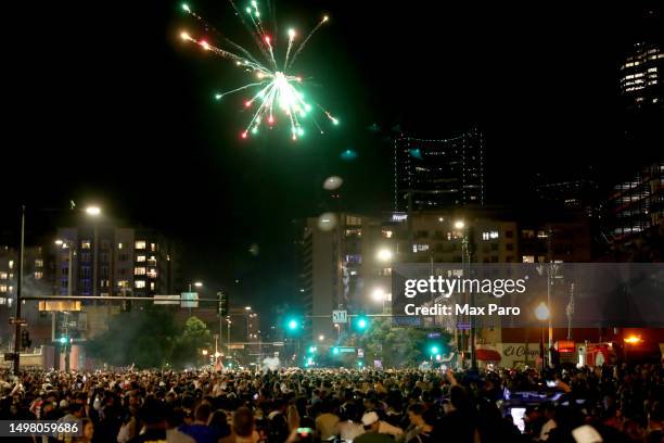 Denver Nuggets fans celebrate in downtown Denver after the end of Game Five of the 2023 NBA Finals at Ball Arena on June 12, 2023 in Denver,...