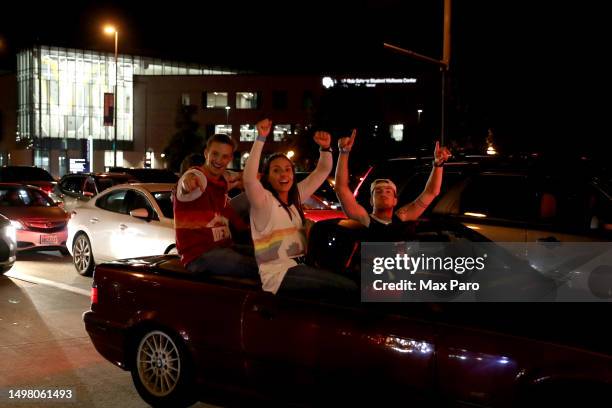 Denver Nuggets fans celebrate in downtown Denver after the end of Game Five of the 2023 NBA Finals at Ball Arena on June 12, 2023 in Denver,...