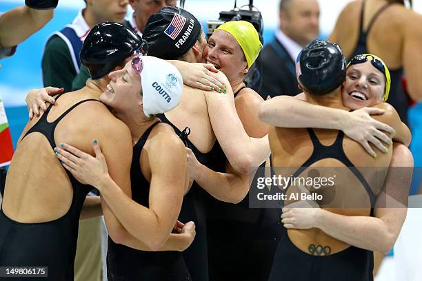 Dana Vollmer of the United States, Alicia Coutts of Australia, Missy Franklin of the United States, Leisel Jones of Australia, Allison Schmitt of the...