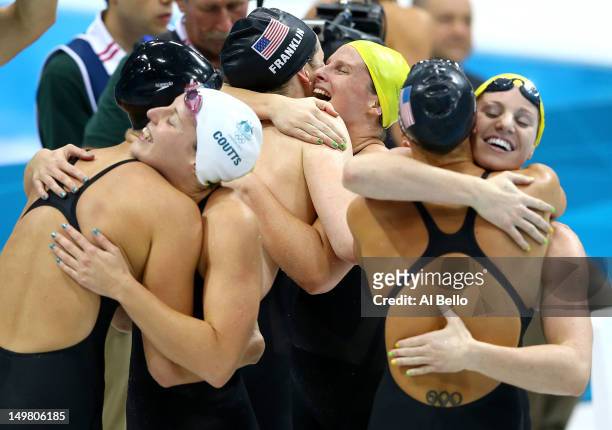Dana Vollmer of the United States, Alicia Coutts of Australia, Missy Franklin of the United States, Leisel Jones of Australia, Allison Schmitt of the...