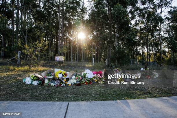 Floral tributes lie next to a road near the site of a bus crash on June 13, 2023 in Cessnock, Australia. A horrific bus crash in the Hunter Valley...