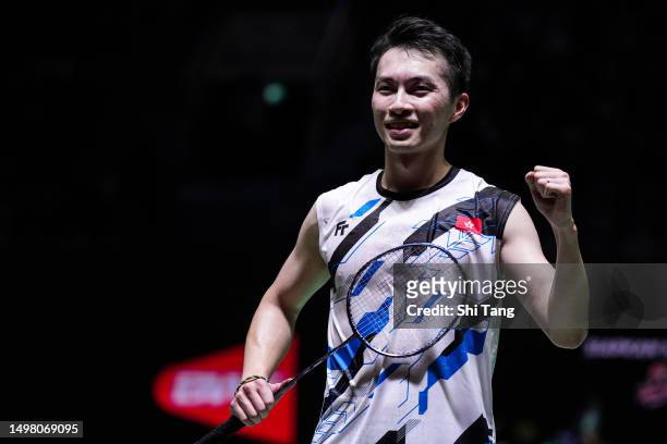 Ng Ka Long Angus of Hong Kong celebrates the victory in the Men's Singles First Round match against Kento Momota of Japan on day one of the Indonesia...