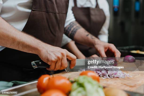 close-up of chef cutting onion on cutting board in restaurant kitchen. - hacken essenszubereitung stock-fotos und bilder