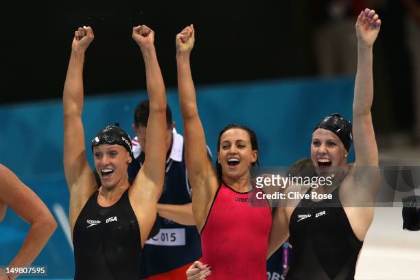 Dana Vollmer, Missy Franklin, and Rebecca Soni of the United States celebrate winning the Women's 4x100m Medley Relay on Day 8 of the London 2012...