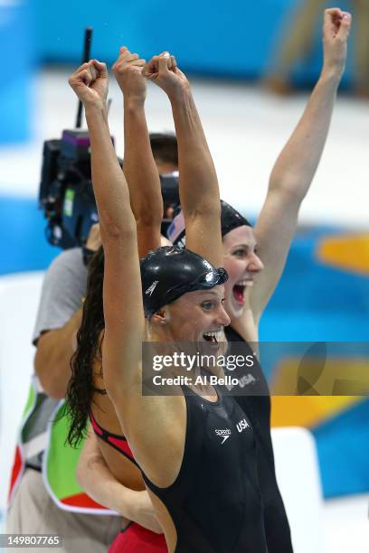 Dana Vollmer, Missy Franklin, and Rebecca Soni of the United States celebrate winning the Women's 4x100m Medley Relay on Day 8 of the London 2012...