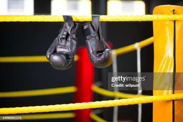 ringside black boxing gloves hanging from ropes in a boxing ring with red boxing pads in a boxing gym - boxing gloves stock pictures, royalty-free photos & images