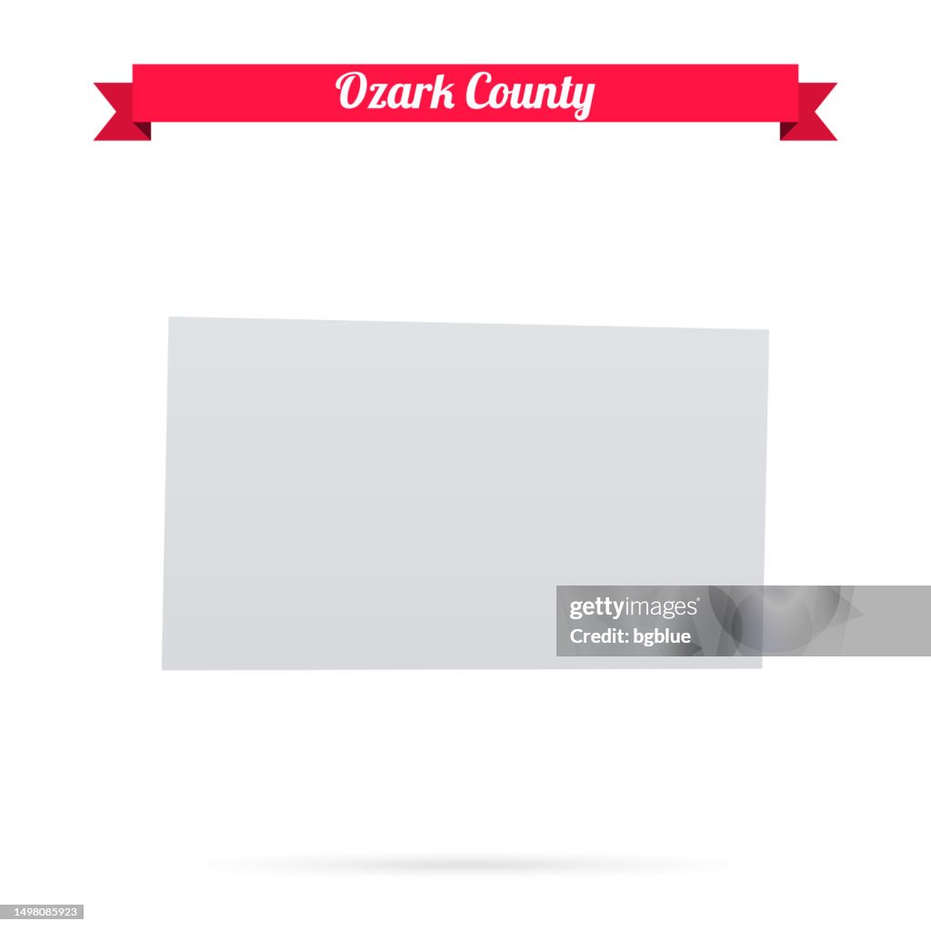 Ozark County, Missouri. Map on white background with red banner