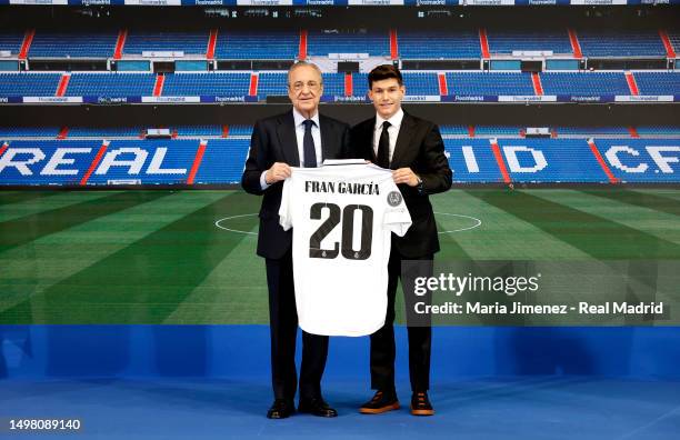 New signing Francisco García of Real Madrid, with Florentino Pérez during his presentation at Valdebebas training ground on June 12, 2023 in Madrid,...