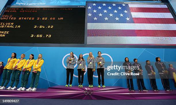 Silver medallists Australia, gold medallists the United States, and bronze medallists Japan pose on the podium during the medal ceremony for the...