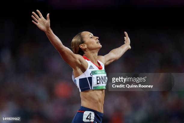 Jessica Ennis of Great Britain crosses the line during the Women's Heptathlon 800m to win overall gold on Day 8 of the London 2012 Olympic Games at...
