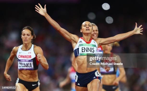 Jessica Ennis of Great Britain crosses the line during the Women's Heptathlon 800m to win overall gold on Day 8 of the London 2012 Olympic Games at...