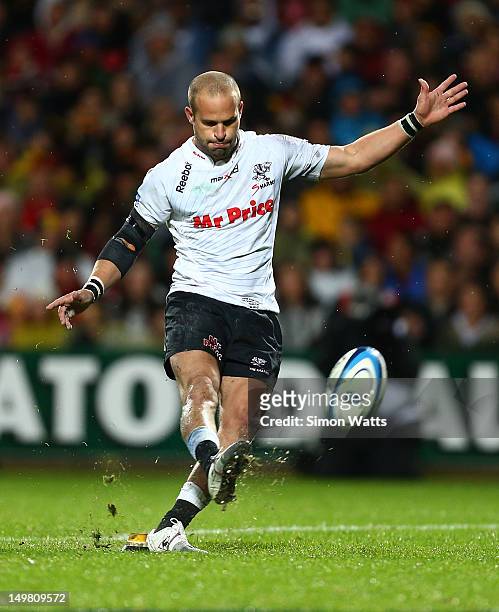 Frederic Michalak of the Sharks kicks a penalty during the Super Rugby Final between the Chiefs and the Sharks at Waikato Stadium on August 4, 2012...