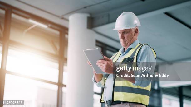 building, tablet and engineering man inspection check of construction site, property development or design quality assurance. architecture industry, contractor and technology for renovation progress - housing development south africa stock pictures, royalty-free photos & images