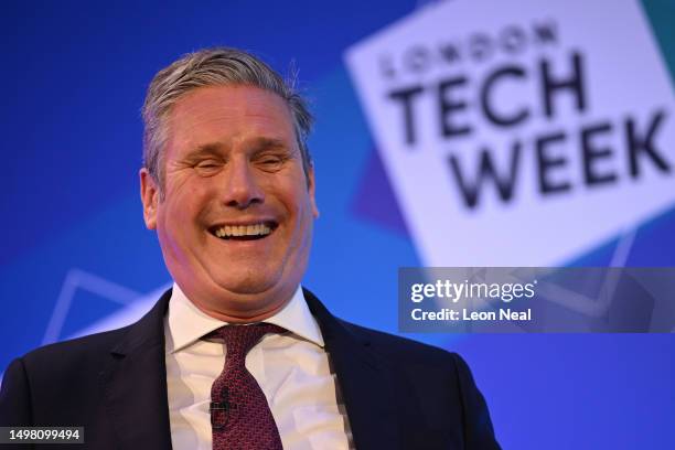 Keir Starmer, Leader of the Labour Party, laughs as he speaks during the London Tech Conference at The Queen Elizabeth II Conference Centre on June...