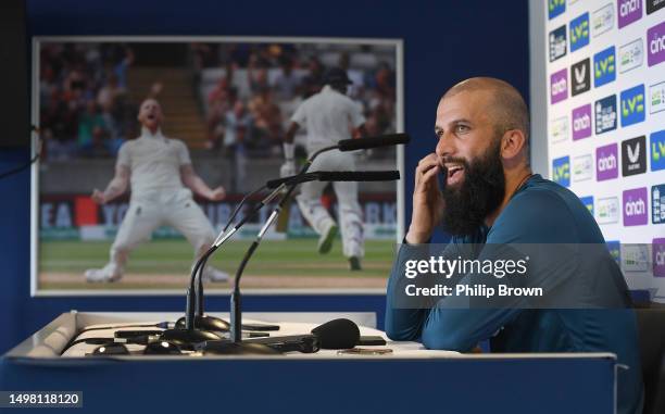 Moeen Ali of England smiles during a press conference before Friday's First Ashes Test between England and Australia at Edgbaston on June 13, 2023 in...