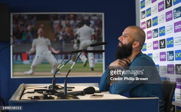 Moeen Ali of England looks on during a press conference before Friday's First Ashes Test between England and Australia at Edgbaston on June 13, 2023...