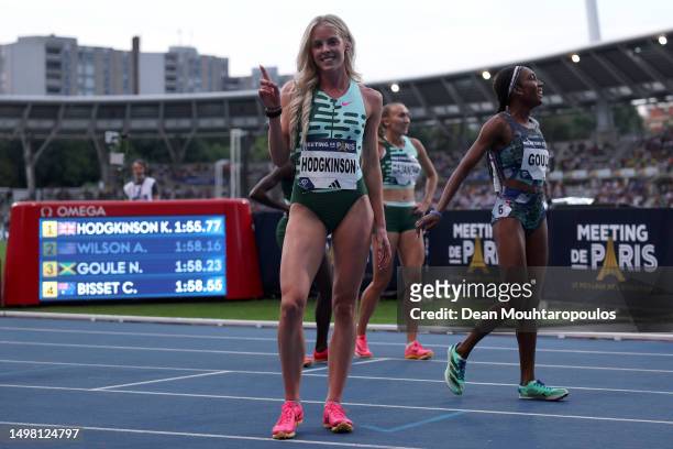 Keely Hodgkinson of Team Great Britain celebrates after winning Women's 800 Metres during Meeting de Paris, part of the 2023 Diamond League series at...