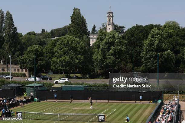 General view of court 3 as Liam Broady of Great Britain serves in the Men's Singles Round of 32 match Rio Noguchi of Japan against during Day Two of...