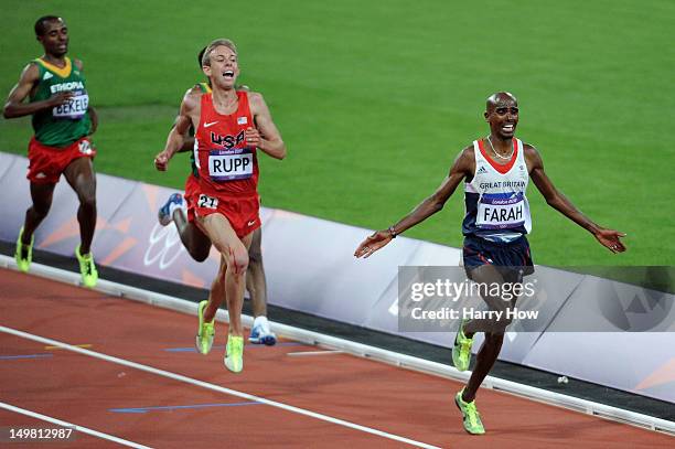 Mohamed Farah of Great Britain crosses the line to win gold in the Men's 10,000m Final on Day 8 of the London 2012 Olympic Games at Olympic Stadium...