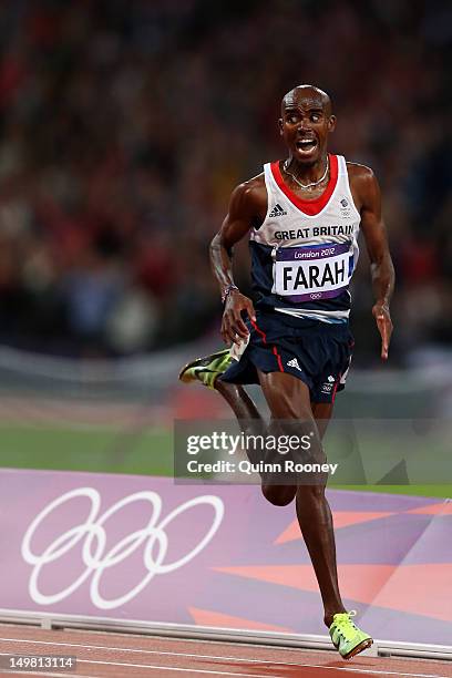 Mohamed Farah of Great Britain crosses the line to win gold in the Men's 10,000m Final on Day 8 of the London 2012 Olympic Games at Olympic Stadium...