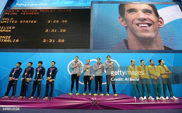 Silver medallists Japan, gold medallists the United States and bronze medallists Australia pose on the podium in the medal ceremony for the Men's...