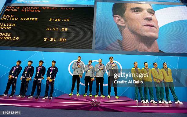 Silver medallists Japan, gold medallists the United States and bronze medallists Australia pose on the podium in the medal ceremony for the Men's...