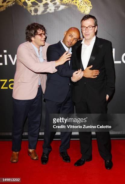 Gregory Bernard, Eric Judor and Olivier Pere attend "Nachtlarm" Premiere during the 65th Locarno Film Festival on August 4, 2012 in Locarno,...