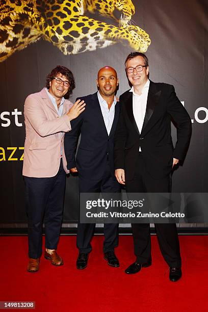 Gregory Bernard, Eric Judor and Olivier Pere attend "Nachtlarm" Premiere during the 65th Locarno Film Festival on August 4, 2012 in Locarno,...