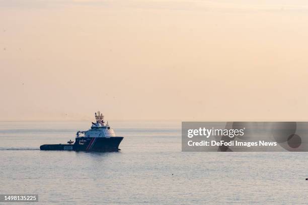 Equihen-Plage, France, : a French coastguard vessel intercepted a rubber dinghy in which illegal immigrant refugees were trying to flee to the UK on...