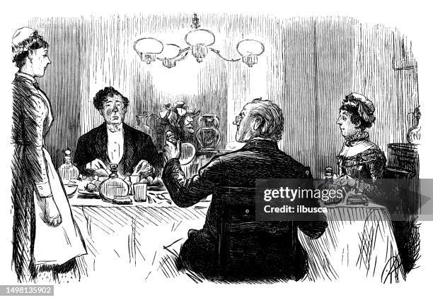 british satire caricature comic cartoon illustration - outdoor dining table stock illustrations