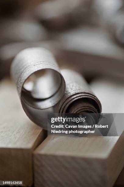 close-up of wood pieces and shavings, bavaria, germany - wood shaving stock pictures, royalty-free photos & images