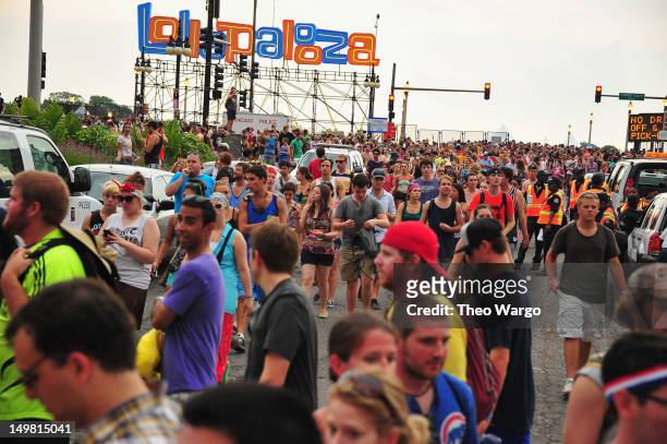 Fans are evacuated from Grant park due to an approaching storm during 2012 Lollapalooza at Grant Park on August 4, 2012 in Chicago, Illinois.