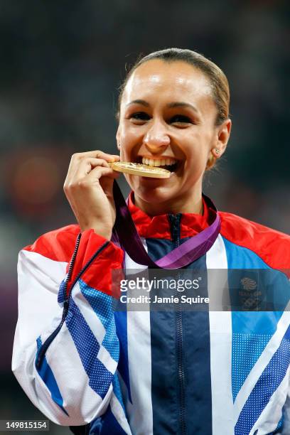 Gold medalist Jessica Ennis of Great Britain poses on the podium during the medal ceremony for Women's Heptathlon on Day 8 of the London 2012 Olympic...