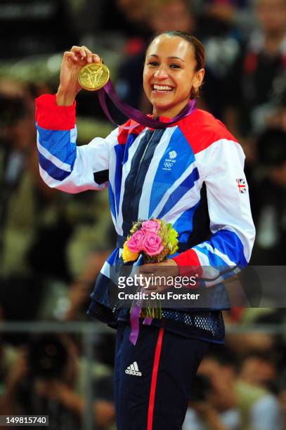 Gold medalist Jessica Ennis of Great Britain poses on the podium during the medal ceremony for the Women'd Heptathlon on Day 8 of the London 2012...