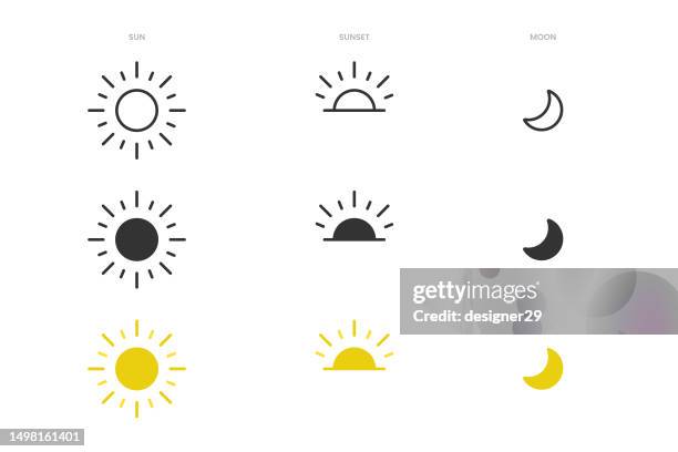 bildbanksillustrationer, clip art samt tecknat material och ikoner med sun, sunset and moon icon set vector design on white background. - solnedgång
