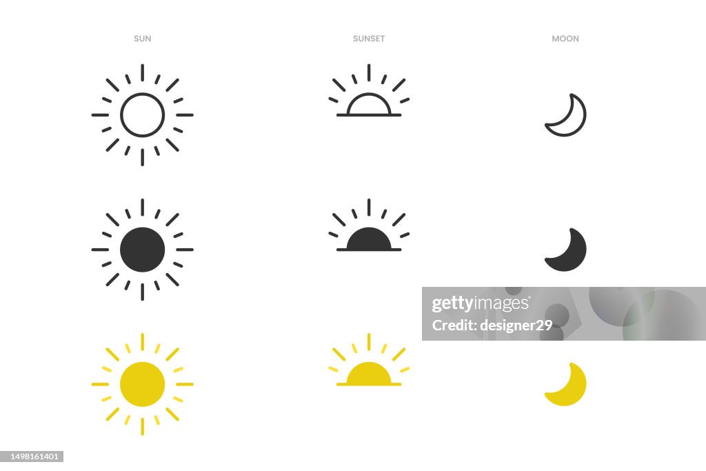 Sun, Sunset and Moon Icon Set Vector Design on White Background.