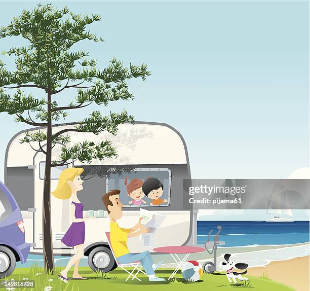 camping - couple with car stock illustrations