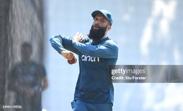 England player Moeen Ali in bowling action in the nets during England net session at Edgbaston on June 13, 2023 in Birmingham, England.