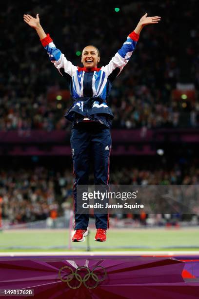Gold medalist Jessica Ennis of Great Britain poses on the podium during the medal ceremony for Women's Heptathlon on Day 8 of the London 2012 Olympic...