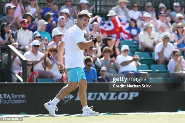 Arthur Fery of Great Britain celebrates in the Men's Singles Round of 32 match against Steve Johnson of the United States during Day Two of the...