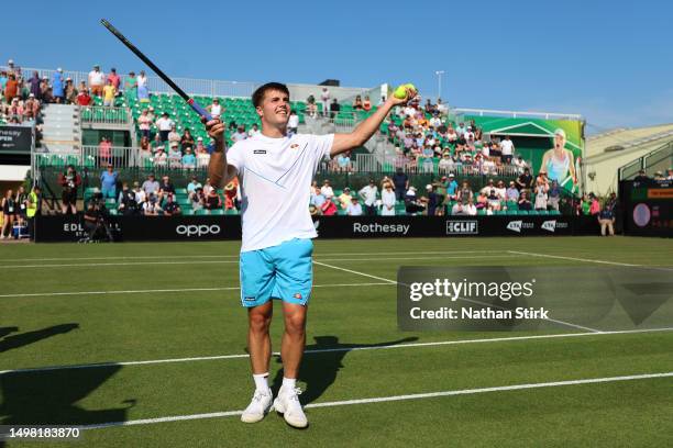 Arthur Fery of Great Britain celebrates victory after winning the Men's Singles Round of 32 match against Steve Johnson of the United States during...