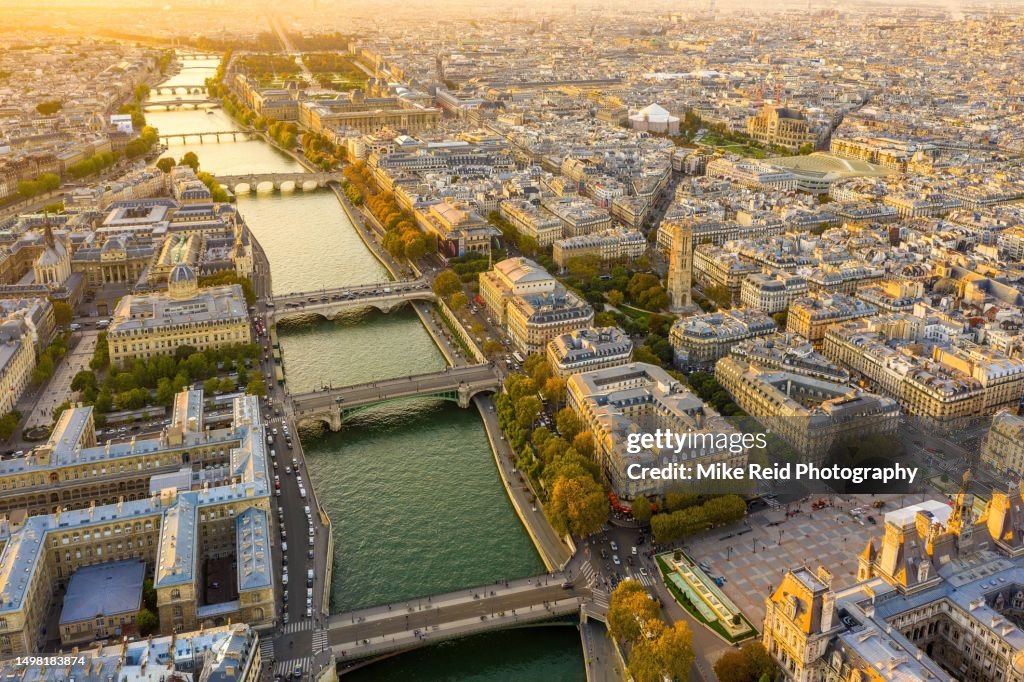 Aerial Paris Seine River and Bridges Sunset Light